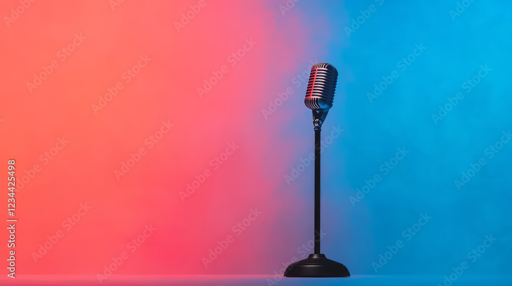 Poster a vertical layout capturing the mic stand from base to top, overshadowed by vibrant red and blue lig
