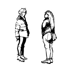 Older woman with a cigarette and a young girl talking. Full-body character. Hand-drawn sketch.