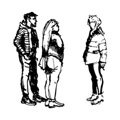 Older woman with a cigarette and a young couple talking. Full-body characters. Black and white hand-drawn sketch. Doodle style vector illustration.