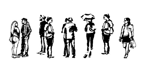 Full-body characters in motion, interacting with each other. Hand-drawn sketch of people silhouettes. Black and white doodle vector illustration.