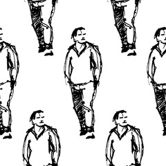 Man in a jacket walking forward, hands in his pockets. Seamless pattern. Full-body character. Hand-drawn sketch.