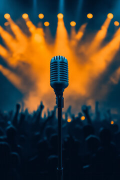 A dramatic freeze-frame showing the mic in sharp detail, with the lead singer&acirc;&euro;&trade;s figure softly blurred behind, illuminated by vibrant gold overhead lights,