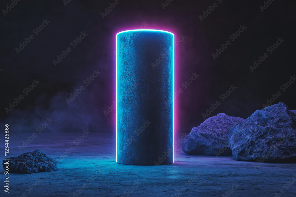 Poster a minimal composition featuring a single, elongated uv light cylinder radiating intense azure hues, 