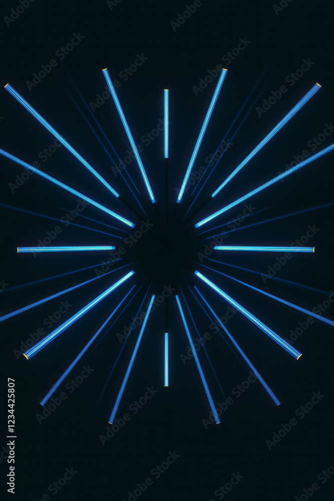 Poster A creative overhead shot capturing multiple parallel UV tubes shining in unison, forming a bold futuristic pattern against a deep black background,