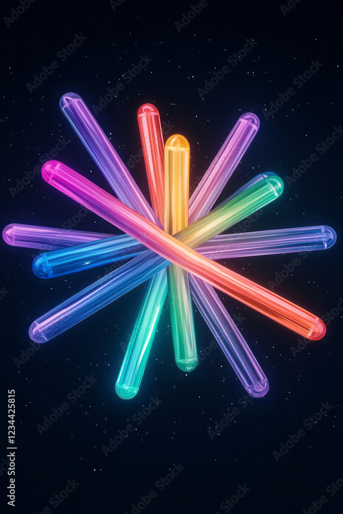 Poster a creative overhead shot capturing multiple parallel uv tubes shining in unison, forming a bold futu