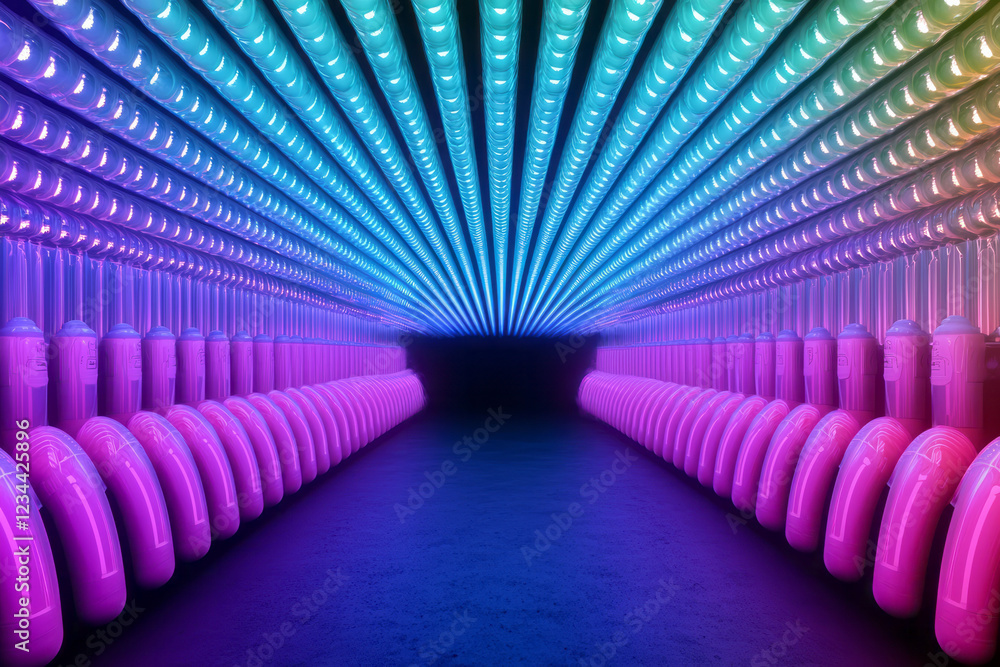 Poster a creative overhead shot capturing multiple parallel uv tubes shining in unison, forming a bold futu