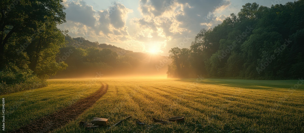 Poster sunrise over a field with a path through a meadow and forest.