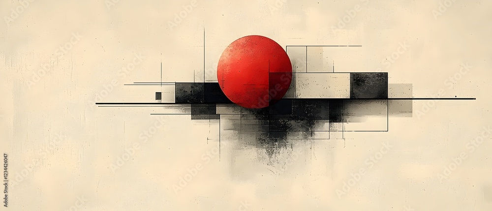 Poster minimalistic abstract design featuring a bold red circle amidst various geometric shapes in black an