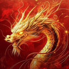 A fiery golden dragon with sharp eyes and flowing mane against a red, intense backdrop, symbolizing power, energy, and mythical strength.