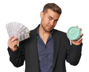 Man with money and watch, symbolizing wealth and time management