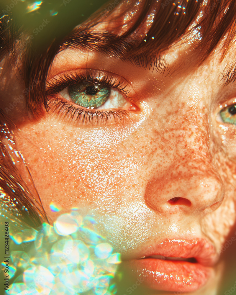 Poster A refined macro look emphasizing the subtle freckles on her cheeks and nose, set against a softly blurred summer field flooded with sunlight,