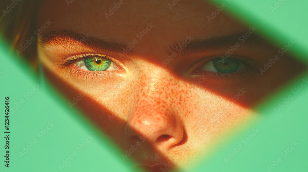Poster a minimalist composition focusing on the womanâ€™s freckled face in partial shade, bright sunbeams h