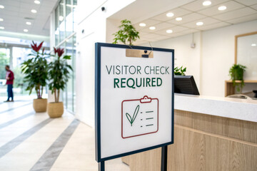 A sign indicating "Visitor Check Required" stands in a modern reception area with plants, emphasizing health and safety protocols.