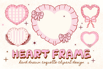Heart frame with bow and ribbons. Hand Drawn red coquette borders for wedding invitations. Whimsical lace frames, Pink frame, ruffle heart border, girly clipart, Dolce vita, Valentine coquette, ribbon