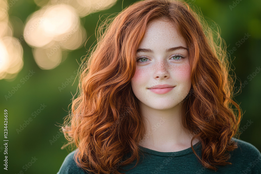 Poster a soothing horizontal image capturing her gentle smile and freckled complexion, sunlight dancing on 