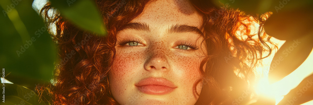Poster a minimal shot featuring her calm expression and scattered freckles in golden hour lighting, with lu