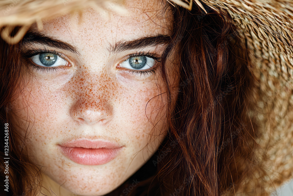 Aufkleber a low-key approach capturing the womanâ€™s freckled cheeks partially shaded by a straw hat, radiant 