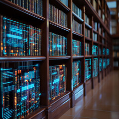 Digital library with glowing books and data streams, showcasing blend of technology and traditional literature. atmosphere is futuristic and inviting