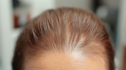 close-up of the top of a person's head and forehead, showing sparse areas where hair is thinning or missing.