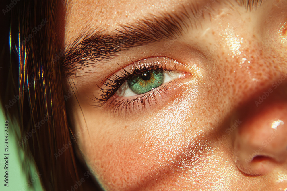 Poster a refined close-up capturing the subtle texture of her skin and freckles while glowing sunlight gent