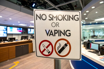 A sign indicating a strict no smoking or vaping policy in a modern indoor environment, featuring clear symbols for both activities.