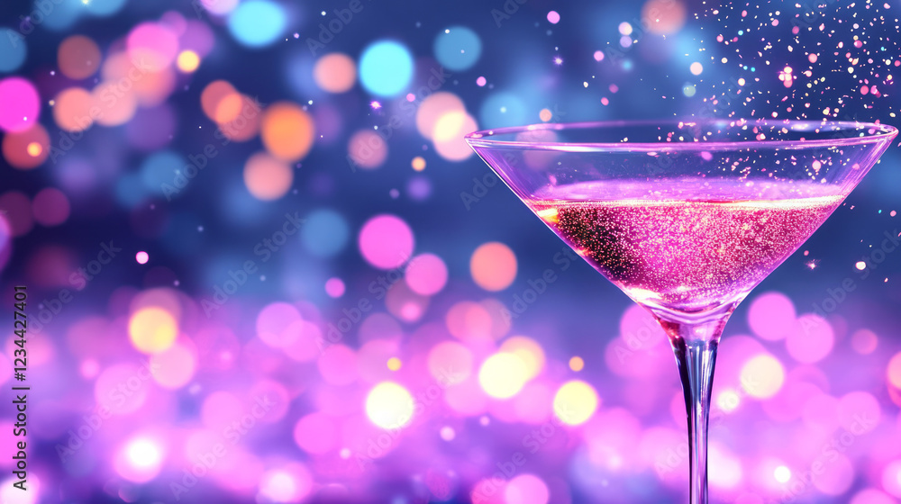 Poster a vibrant side-angle shot of sparkling liquid cascading into a flute, with dreamy bokeh lights illum