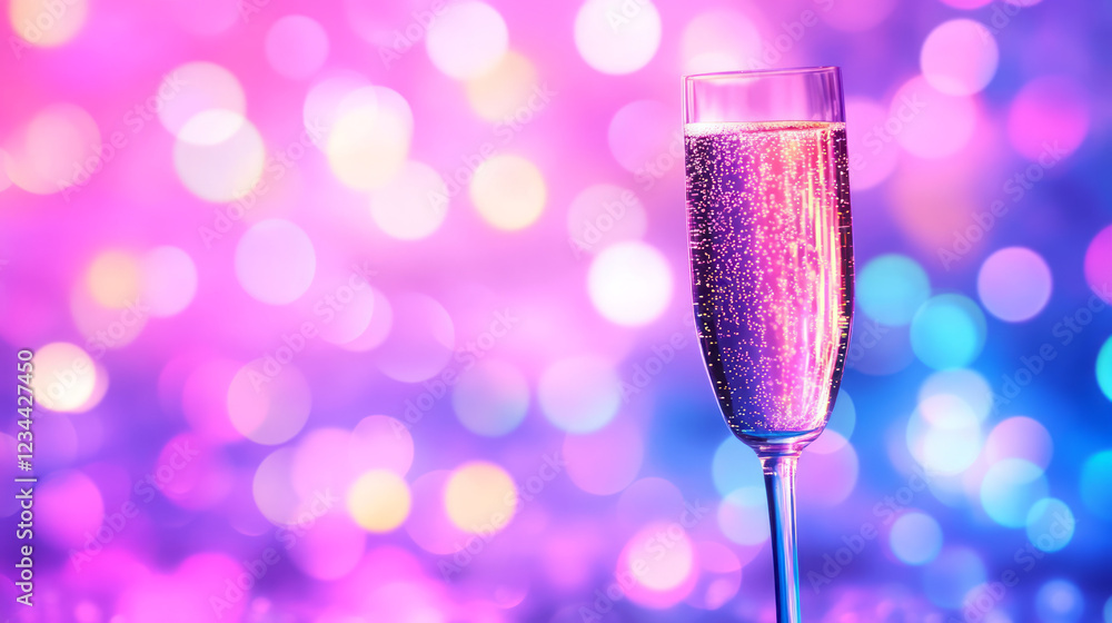 Poster a vibrant side-angle shot of sparkling liquid cascading into a flute, with dreamy bokeh lights illum