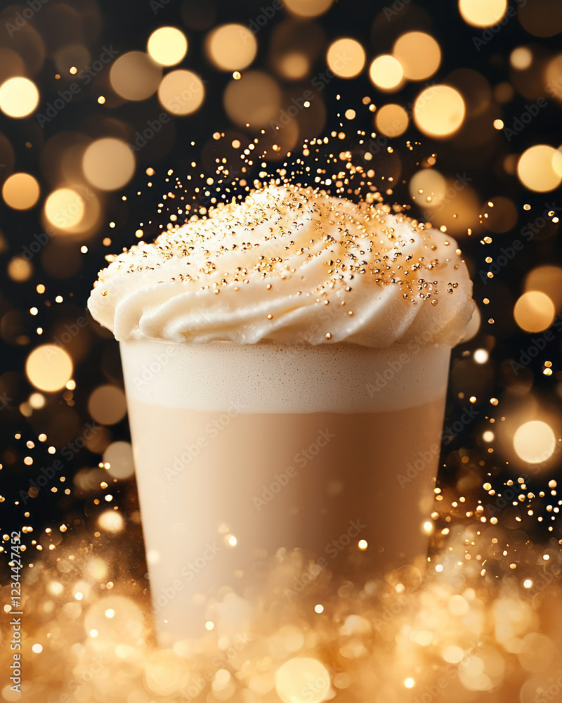 Poster a refined macro perspective highlighting the golden beverageâ€™s foam crown, while golden bokeh orbs