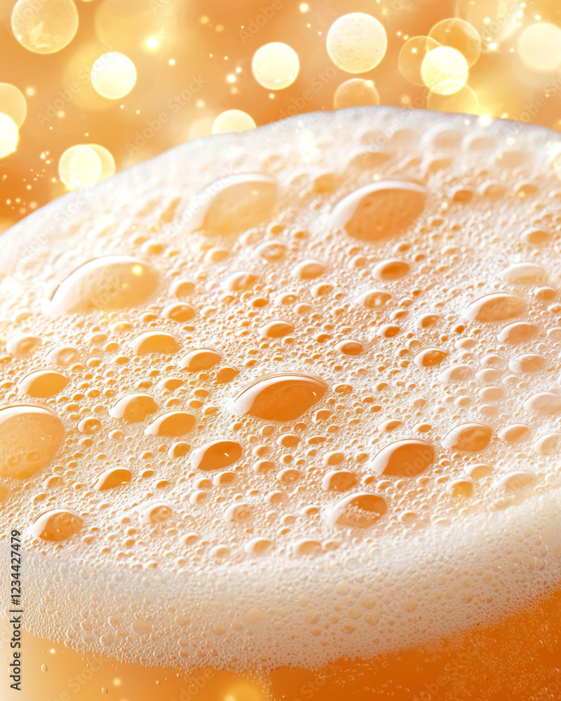 Poster a refined macro perspective highlighting the golden beverageâ€™s foam crown, while golden bokeh orbs