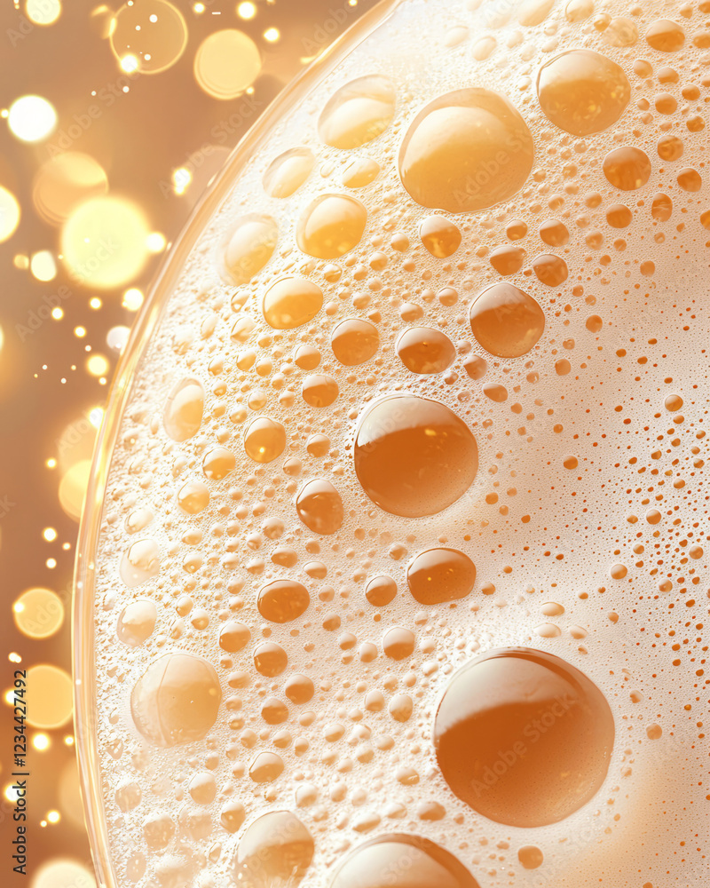 Poster a refined macro perspective highlighting the golden beverageâ€™s foam crown, while golden bokeh orbs
