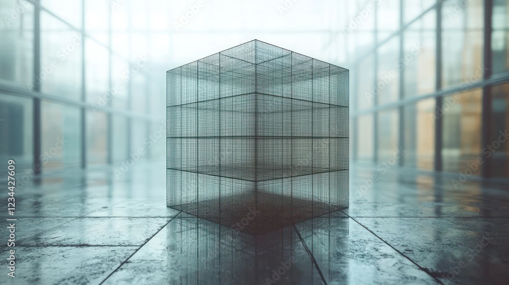 Aufkleber glass cube structure in empty modern atrium, misty background