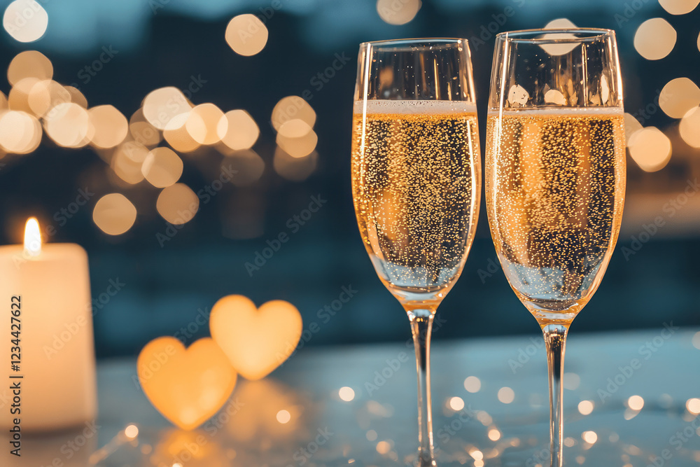 Poster A moody overhead scene of two glasses placed on a reflective surface, the warm fizz and bokeh glints setting a romantic celebratory tone,