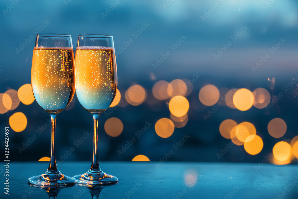 Poster a moody overhead scene of two glasses placed on a reflective surface, the warm fizz and bokeh glints
