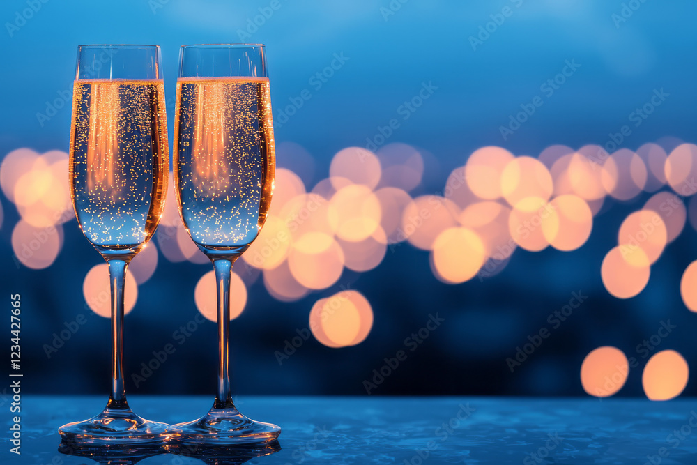 Poster A moody overhead scene of two glasses placed on a reflective surface, the warm fizz and bokeh glints setting a romantic celebratory tone,
