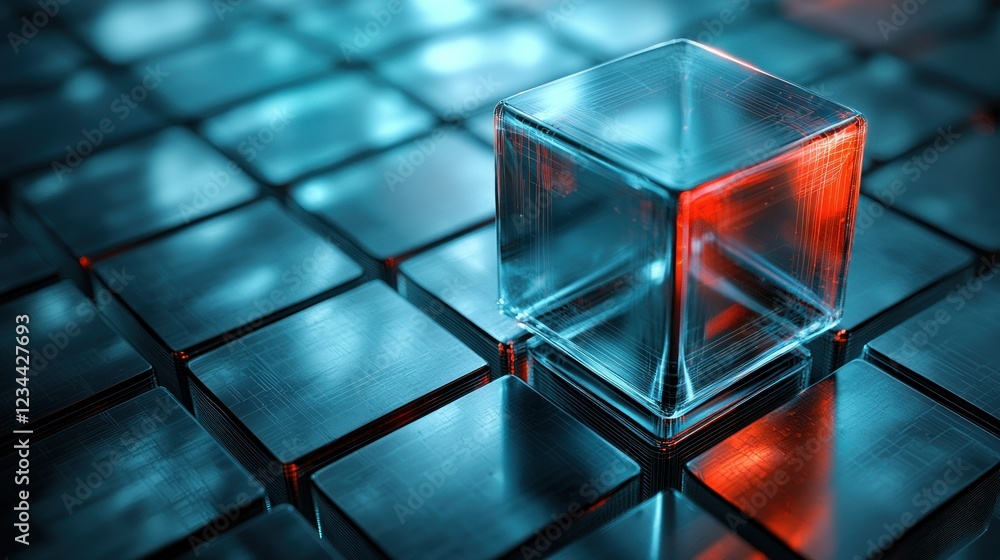 Poster glass cube on metallic grid with glowing edges