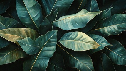 Fototapeta premium Dark green tropical leaves background texture, jungle foliage