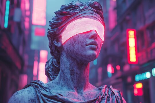 Futuristic statue with neon lights in urban setting.