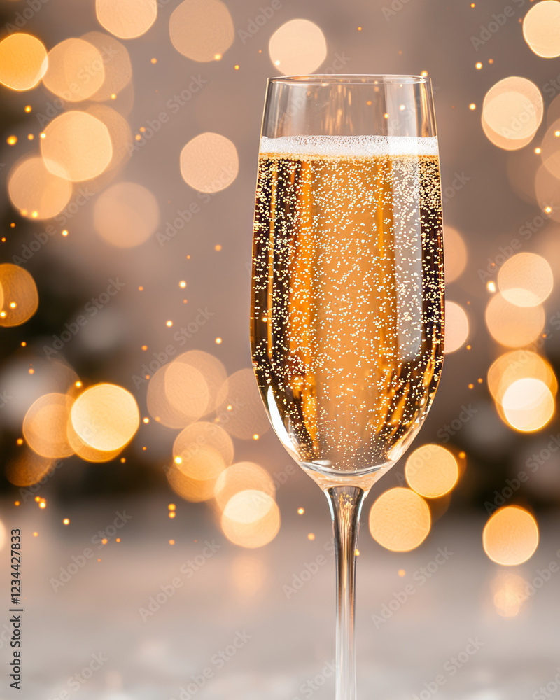 Poster a balanced horizontal composition of a single glass in focus, golden fizz swirling inside, with danc