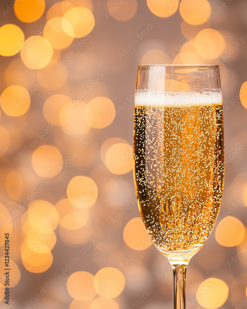 Poster a balanced horizontal composition of a single glass in focus, golden fizz swirling inside, with danc