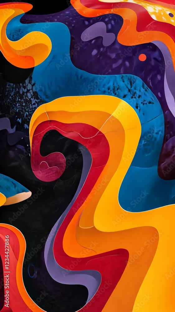 Poster dynamic swirling shapes blend in a colorful display, featuring vibrant patterns that evoke a sense o