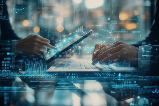 Two colleagues collaborating on a project using a tablet and laptop, surrounded by digital data. - Powered by Adobe