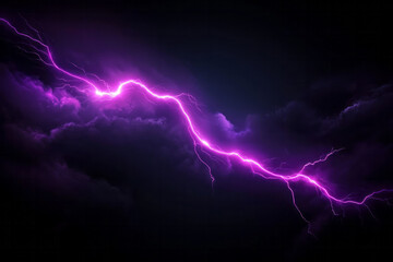 A cinematic, slow-shutter shot capturing a bright purple lightning bolt snaking across a dark sky, with motion blur adding an explosive VFX touch,