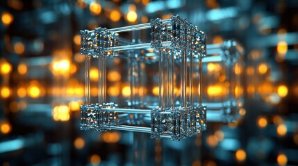 Glass cube structure, glowing background, data connection concept