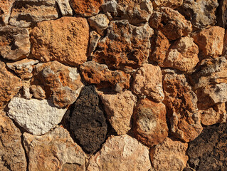 Brown, beige, black natural stone masonry wall texture, irregular friable and volcanic stones with concrete for house walls, privacy dividing wall, facades. Rustic stone and rock surface background.