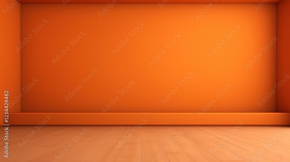 Poster 3d render of an empty dark orange wall background with wood floor ideal for artistic and creative di