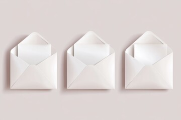 Three blank white envelopes, cards inside, neutral background, stationery mockup