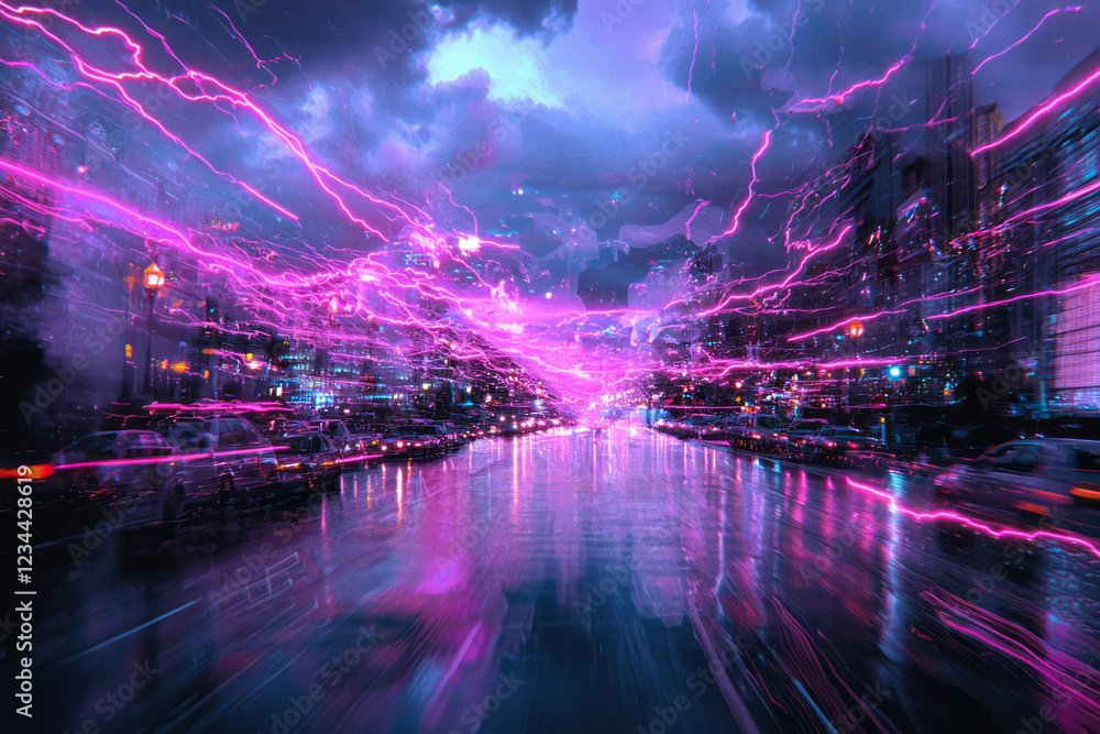 Poster A double-exposure inspired composition where the main purple lightning stands front and center, ghostlike trails forming behind it,