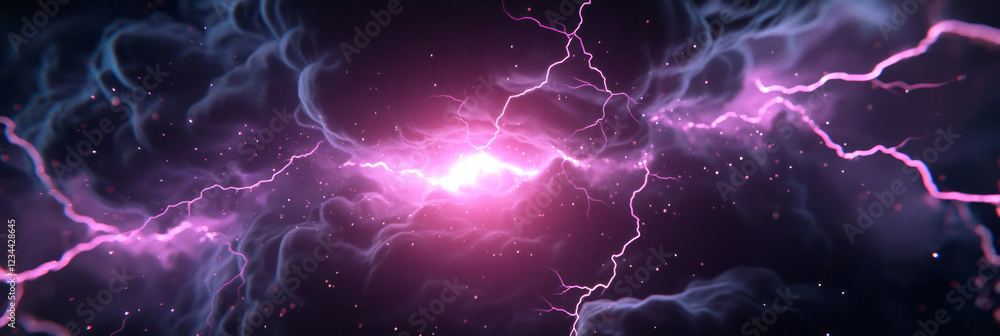 Fototapete A top-down approach revealing a complex web of violet sparks converging into one intense lightning channel, all motion-blurred for VFX drama,