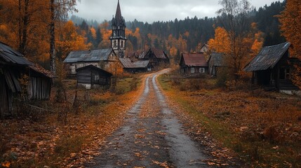 Abandoned Village on a Misty Autumn Day.
