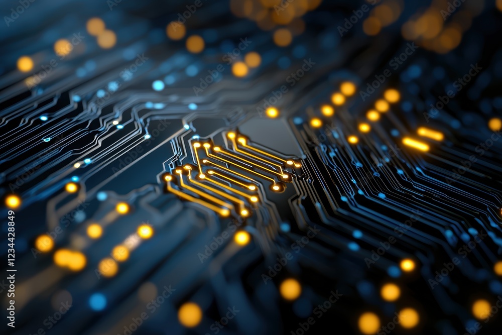 Poster global tech infrastructure visualization with gigapixel detail in circuit board